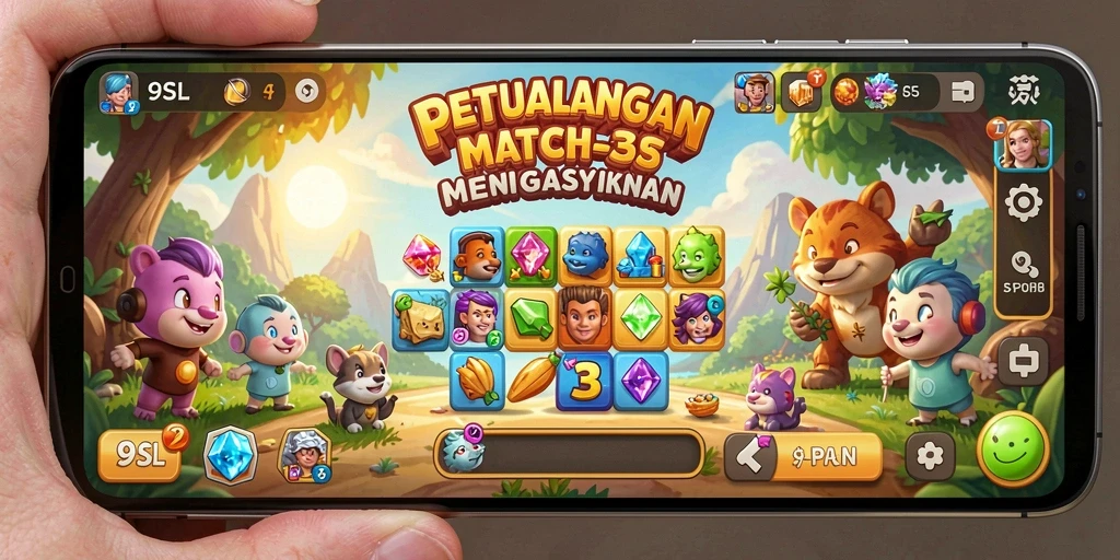 Gameplay match-3 yang seru dan penuh warna di 9SL.