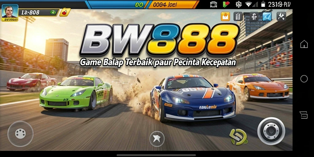 Tangkapan layar utama BW888 menampilkan aksi balap yang mendebarkan.