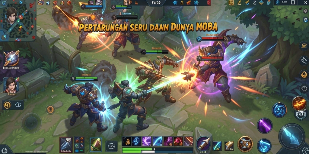 Screenshot gameplay FW66 dalam pertarungan MOBA yang intens.