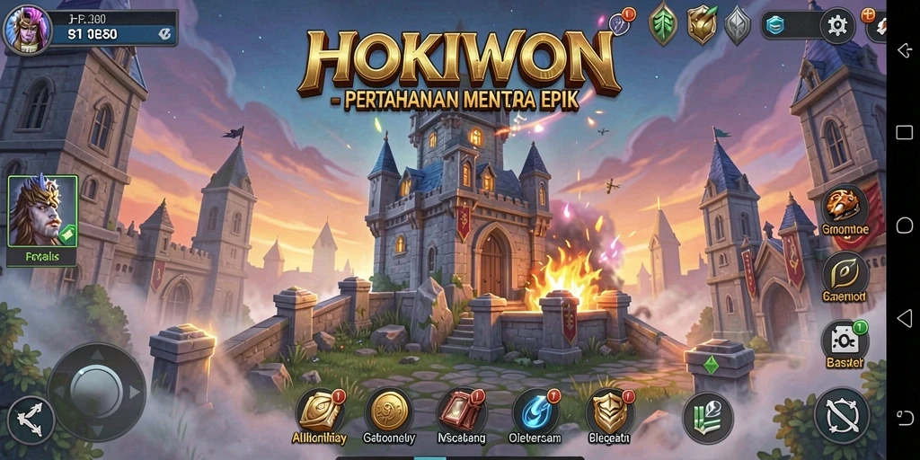 Tampilan gameplay HOKIWON yang penuh aksi dalam mempertahankan menara.