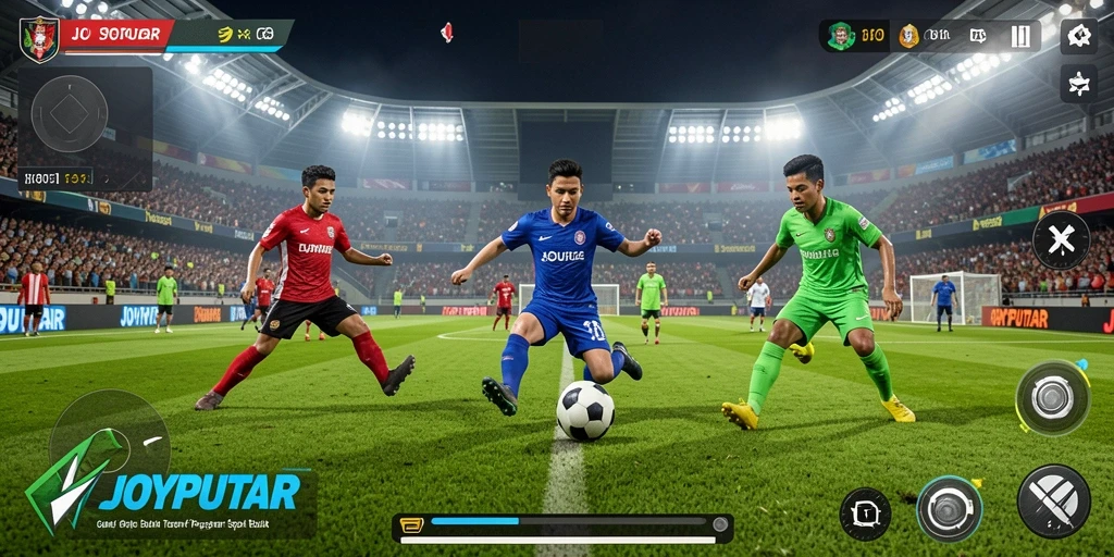 Tampilan menarik dari gameplay JOYPUTAR yang menggambarkan aksi sepak bola.