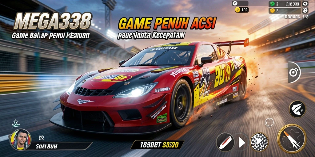 Tangkapan layar utama MEGA338 menampilkan aksi balap yang mendebarkan.