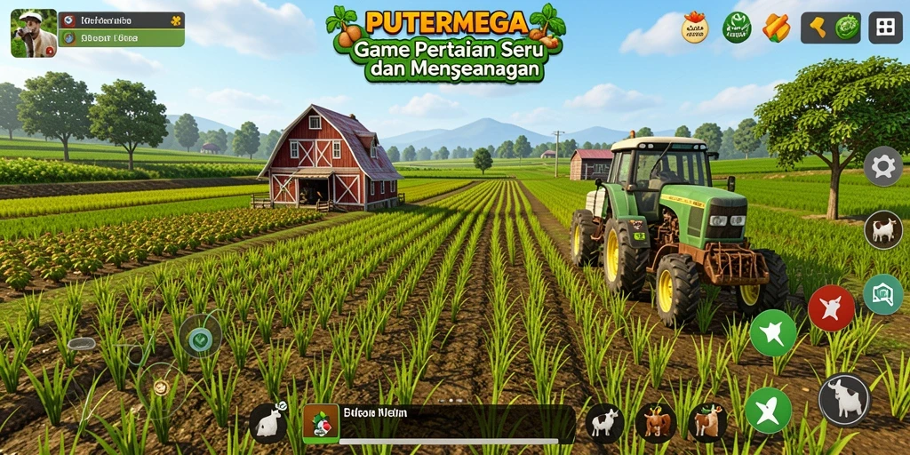 Screenshot gameplay PUTERMEGA menampilkan kebun yang rimbun dan hewan ternak.