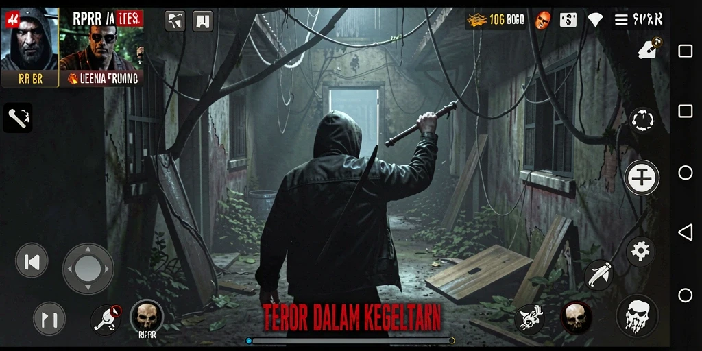 Screenshot RPRR menampilkan suasana bermain yang mencekam dan gelap.