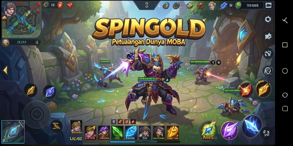 Screenshot SPINGOLD dengan aksi seru pertarungan MOBA.